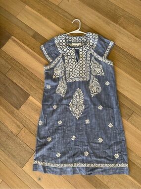 Roller Rabbit Blue Tunic with Cream Floral Embroidery
